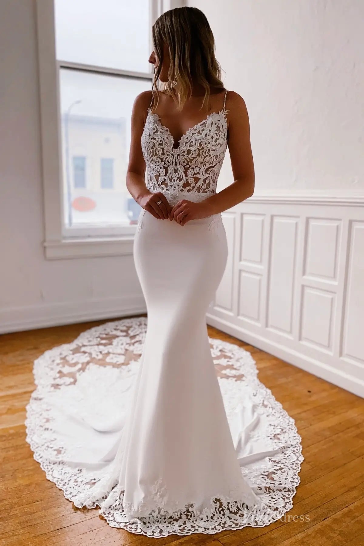 Ivory Mermaid Wedding Dress with Dramatic Floral Cathedral Train, Spaghetti Straps & Sheer Lace Bodice – SL009