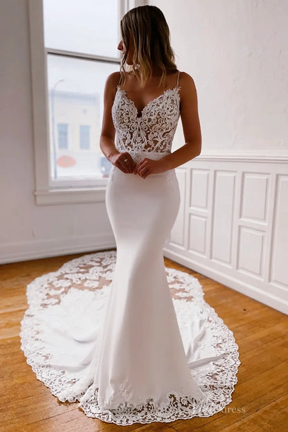 Ivory Mermaid Wedding Dress with Dramatic Floral Cathedral Train, Spaghetti Straps & Sheer Lace Bodice – SL009