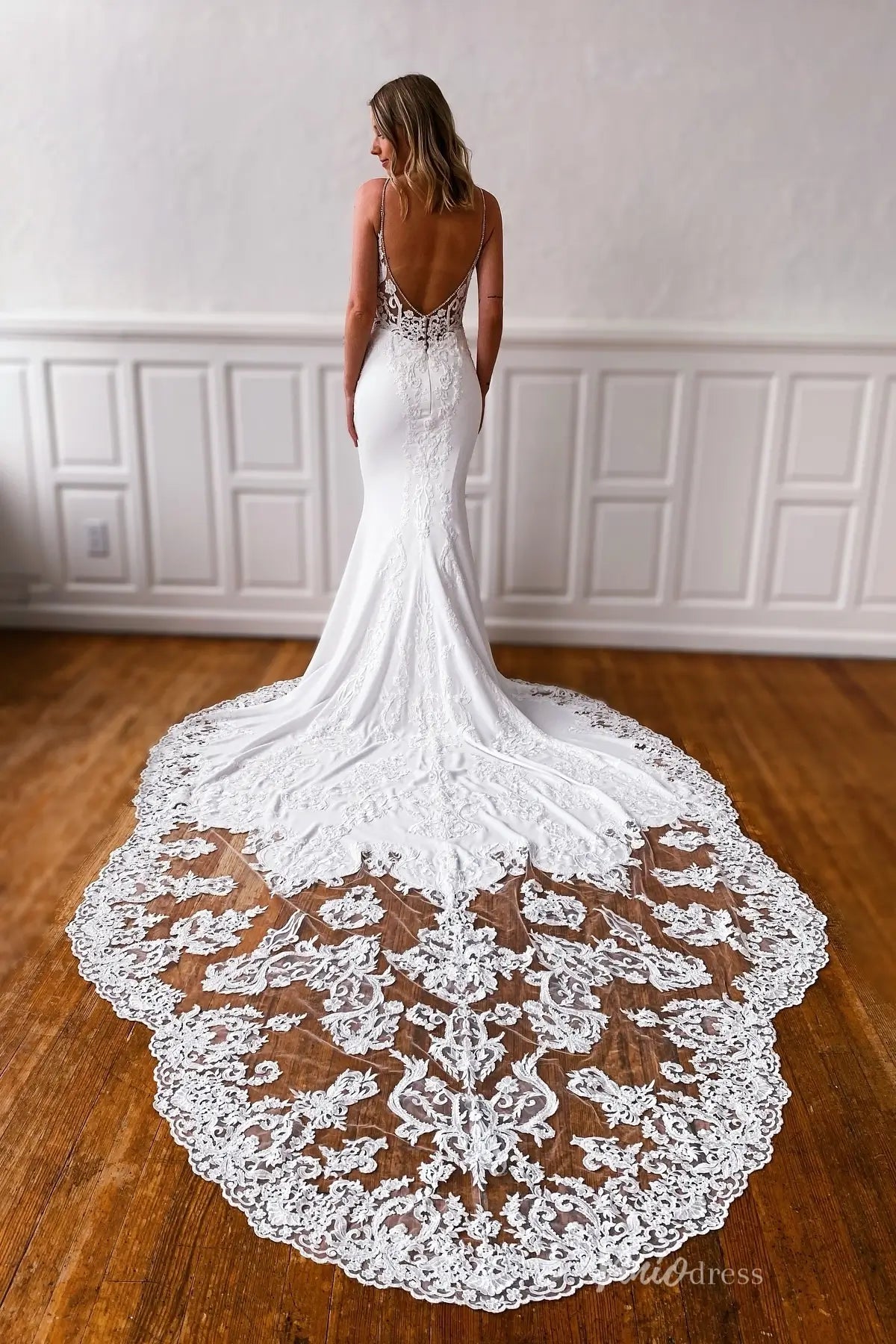 Ivory Mermaid Wedding Dress with Dramatic Floral Cathedral Train, Spaghetti Straps & Sheer Lace Bodice – SL009