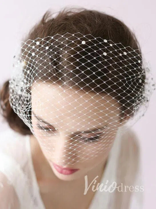 Ivory Mesh Birdcage Veils with Tiny Beads ACC1084-Bridal Veil 2025 -Viniodress-Ivory-