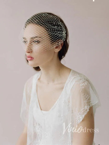 Ivory Mesh Birdcage Veils with Tiny Beads ACC1084-Bridal Veil 2025 -Viniodress-Ivory-