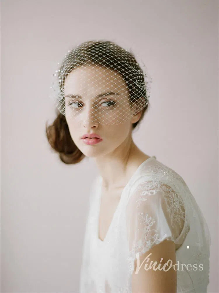 Ivory Mesh Birdcage Veils with Tiny Beads ACC1084-Veils-Viniodress-Ivory-Viniodress