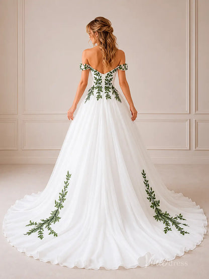 Ivory Off-Shoulder A-Line Wedding Dress with Green Leaf Appliqués & Sweetheart Neckline – FW282-wedding dresses 2026-Viniodress-Ivory-Custom Size – Add Measurements in Cart-