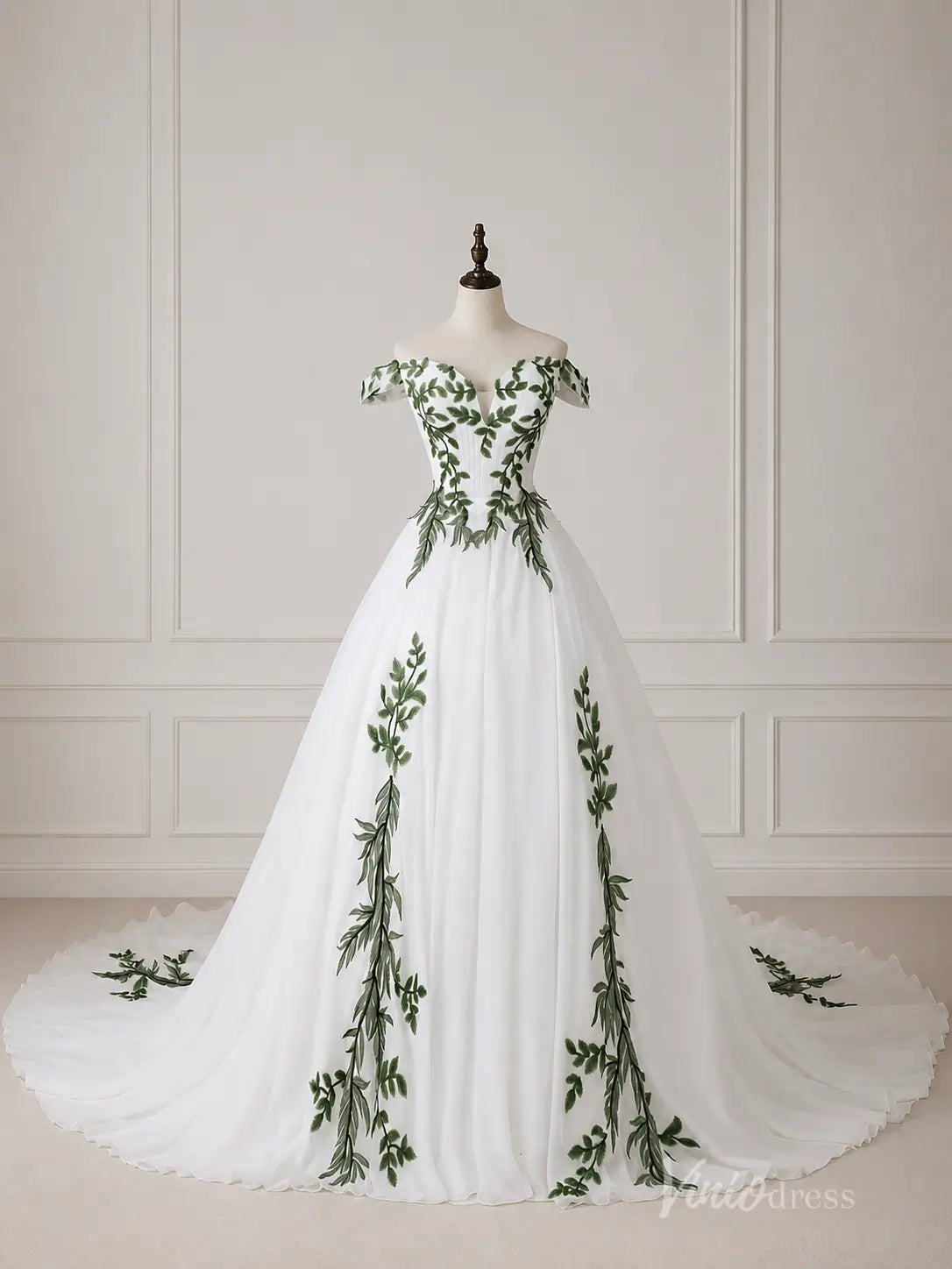 Ivory Off-Shoulder A-Line Wedding Dress with Green Leaf Appliqués & Sweetheart Neckline – FW282-wedding dresses 2026-Viniodress-Ivory-Custom Size – Add Measurements in Cart-