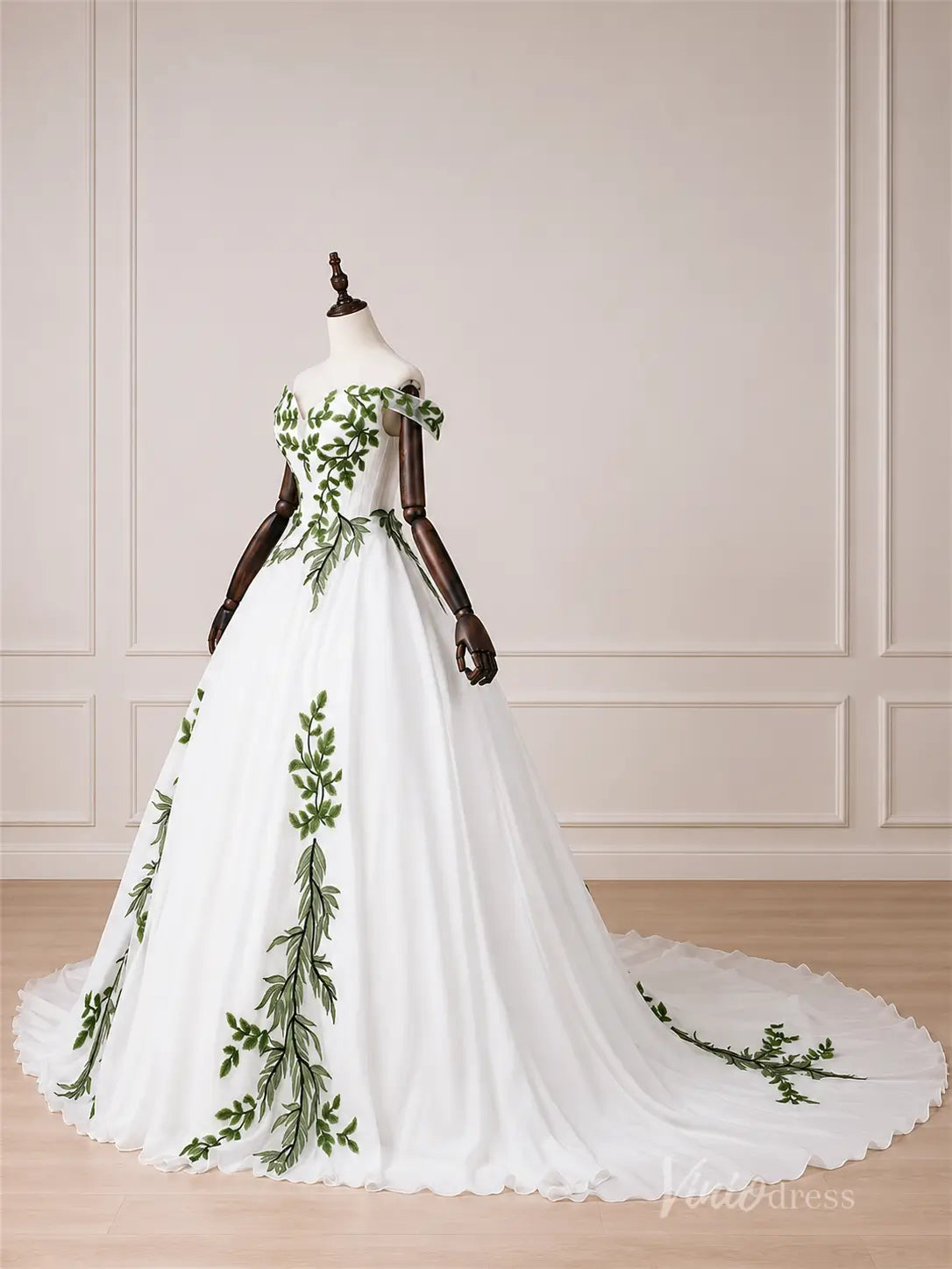 Ivory Off-Shoulder A-Line Wedding Dress with Green Leaf Appliqués & Sweetheart Neckline – FW282-wedding dresses 2026-Viniodress-Ivory-Custom Size – Add Measurements in Cart-