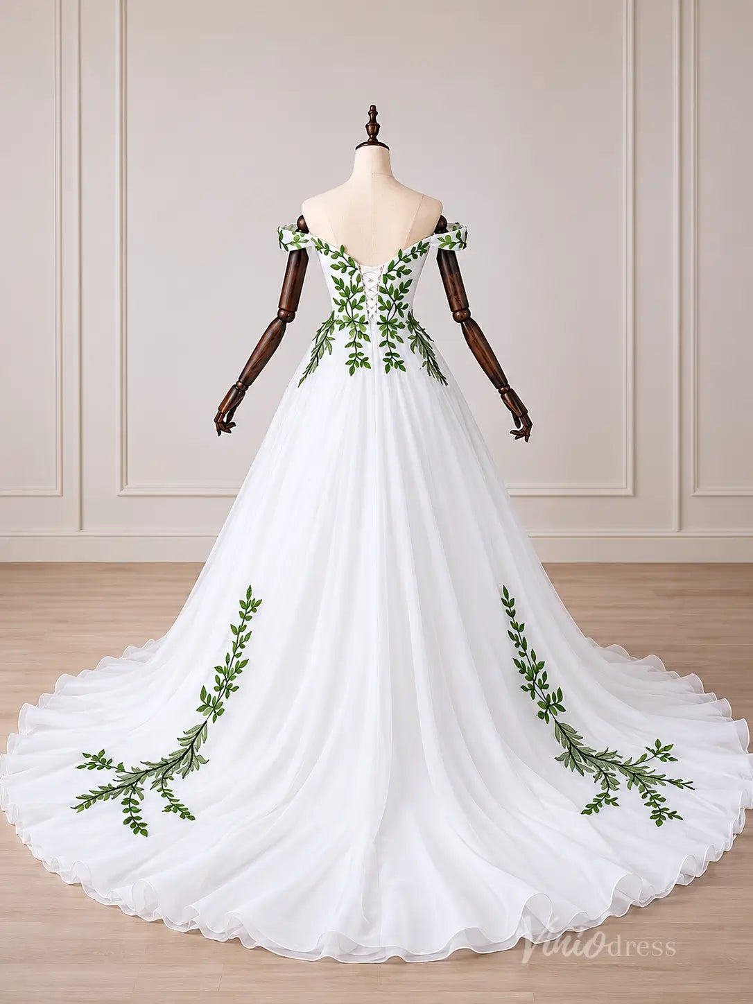 Ivory Off-Shoulder A-Line Wedding Dress with Green Leaf Appliqués & Sweetheart Neckline – FW282-wedding dresses 2026-Viniodress-Ivory-Custom Size – Add Measurements in Cart-