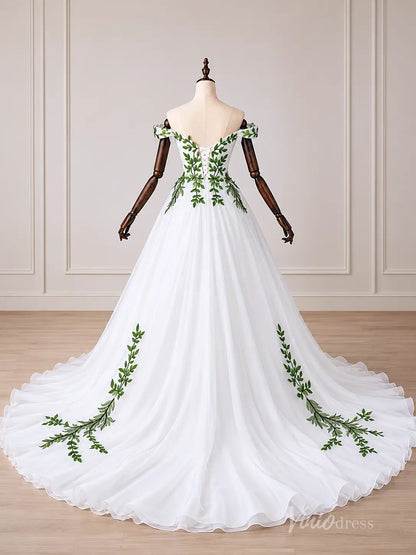Ivory Off-Shoulder A-Line Wedding Dress with Green Leaf Appliqués & Sweetheart Neckline – FW282-wedding dresses 2026-Viniodress-Ivory-Custom Size – Add Measurements in Cart-