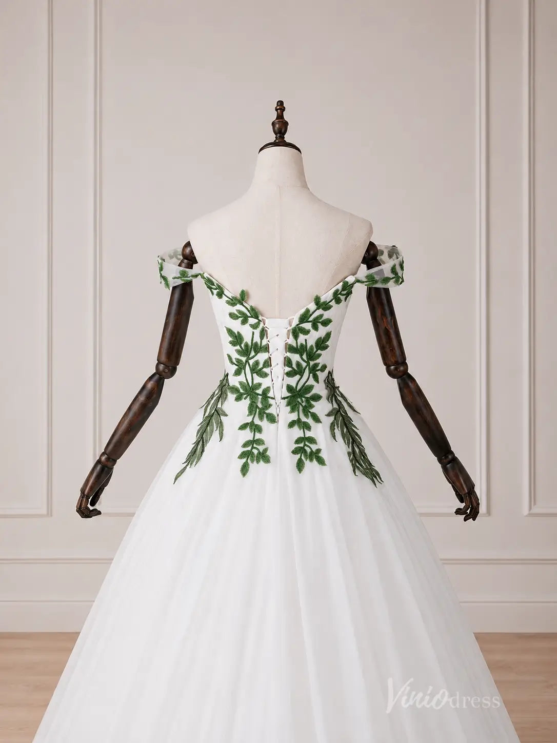 Ivory Off-Shoulder A-Line Wedding Dress with Green Leaf Appliqués & Sweetheart Neckline – FW282-wedding dresses 2026-Viniodress-Ivory-Custom Size – Add Measurements in Cart-