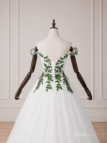 Ivory Off-Shoulder A-Line Wedding Dress with Green Leaf Appliqués & Sweetheart Neckline – FW282-wedding dresses 2026-Viniodress-Ivory-Custom Size – Add Measurements in Cart-