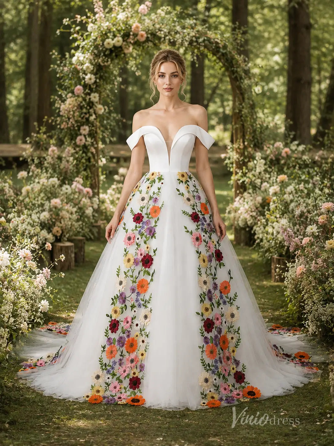 Ivory Off-Shoulder Ball Gown Wedding Dress with Colorful 3D Floral Appliqués & Plunging Sweetheart Neckline – FW284-wedding dresses 2026-Viniodress-Ivory-Custom Size – Add Measurements in Cart-