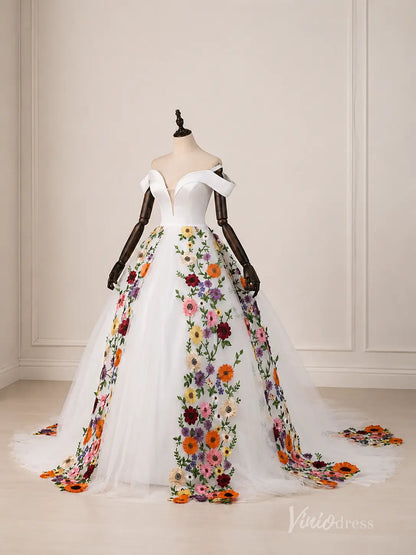 Ivory Off-Shoulder Ball Gown Wedding Dress with Colorful 3D Floral Appliqués & Plunging Sweetheart Neckline – FW284-wedding dresses 2026-Viniodress-Ivory-Custom Size – Add Measurements in Cart-