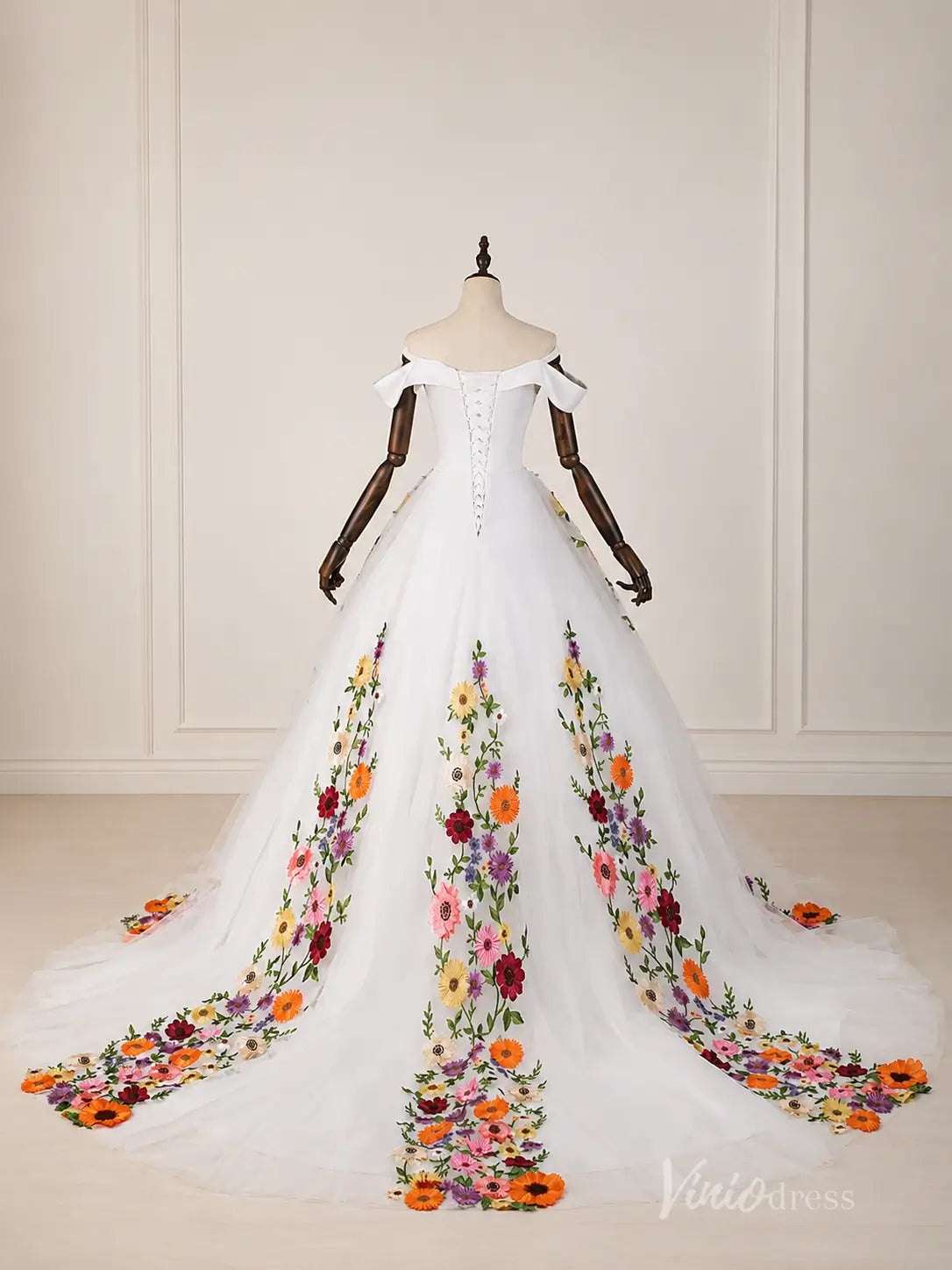Ivory Off-Shoulder Ball Gown Wedding Dress with Colorful 3D Floral Appliqués & Plunging Sweetheart Neckline – FW284-wedding dresses 2026-Viniodress-Ivory-Custom Size – Add Measurements in Cart-