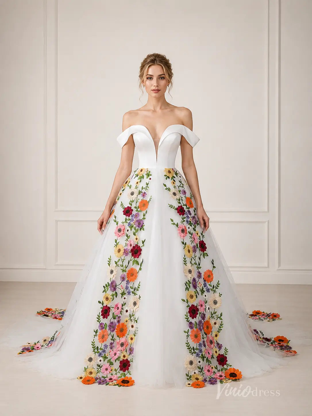 Ivory Off-Shoulder Ball Gown Wedding Dress with Colorful 3D Floral Appliqués & Plunging Sweetheart Neckline – FW284-wedding dresses 2026-Viniodress-Ivory-Custom Size – Add Measurements in Cart-