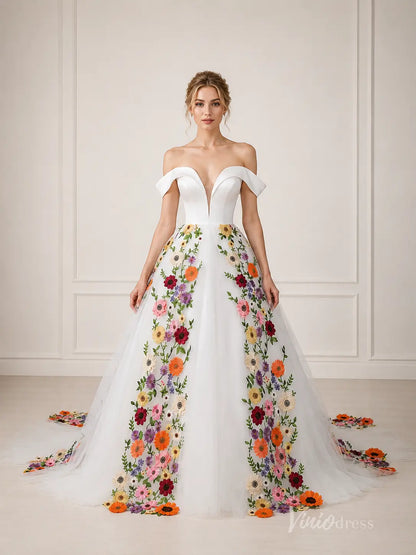 Ivory Off-Shoulder Ball Gown Wedding Dress with Colorful 3D Floral Appliqués & Plunging Sweetheart Neckline – FW284-wedding dresses 2026-Viniodress-Ivory-Custom Size – Add Measurements in Cart-