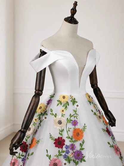 Ivory Off-Shoulder Ball Gown Wedding Dress with Colorful 3D Floral Appliqués & Plunging Sweetheart Neckline – FW284-wedding dresses 2026-Viniodress-Ivory-Custom Size – Add Measurements in Cart-