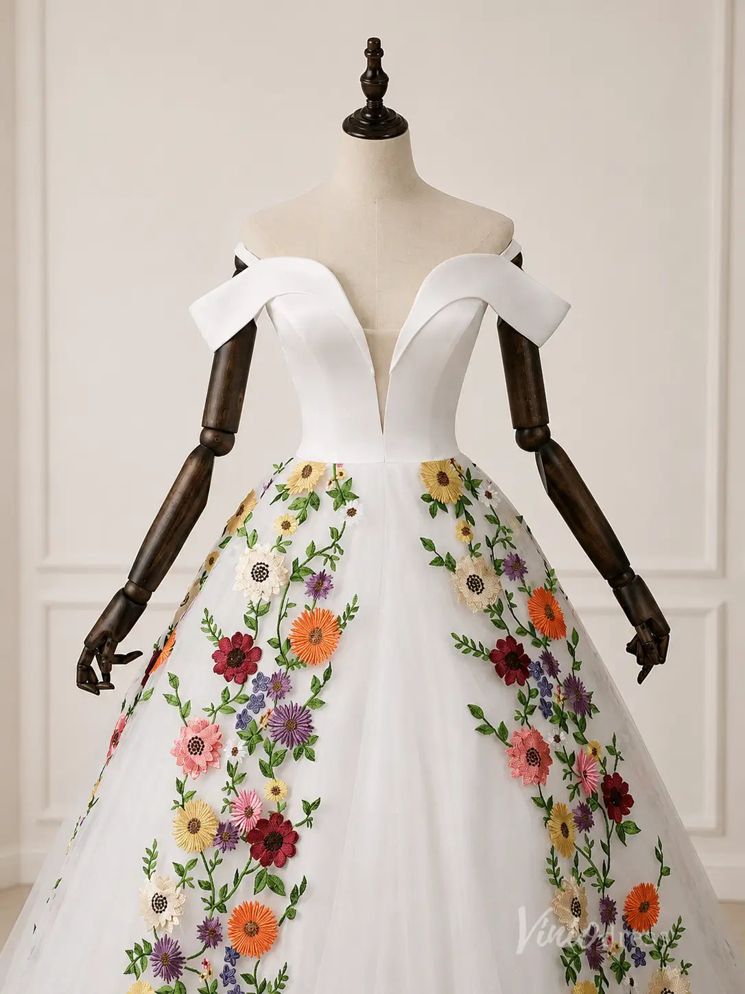 Ivory Off-Shoulder Ball Gown Wedding Dress with Colorful 3D Floral Appliqués & Plunging Sweetheart Neckline – FW284-wedding dresses 2026-Viniodress-Ivory-Custom Size – Add Measurements in Cart-