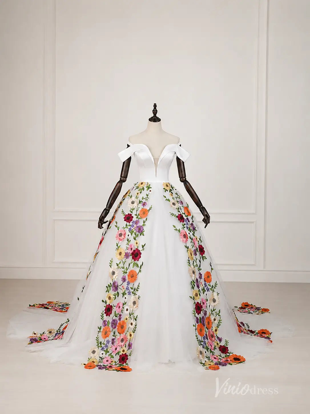 Ivory Off-Shoulder Ball Gown Wedding Dress with Colorful 3D Floral Appliqués & Plunging Sweetheart Neckline – FW284-wedding dresses 2026-Viniodress-Ivory-Custom Size – Add Measurements in Cart-