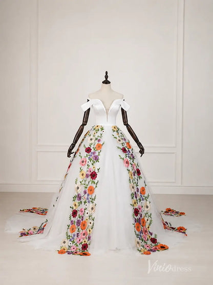 Ivory Off-Shoulder Ball Gown Wedding Dress with Colorful 3D Floral Appliqués & Plunging Sweetheart Neckline – FW284-wedding dresses 2026-Viniodress-Ivory-Custom Size – Add Measurements in Cart-