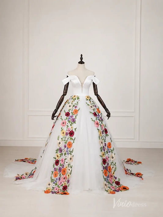 Ivory Off-Shoulder Ball Gown Wedding Dress with Colorful 3D Floral Appliqués & Plunging Sweetheart Neckline – FW284-wedding dresses 2026-Viniodress-Ivory-Custom Size – Add Measurements in Cart-