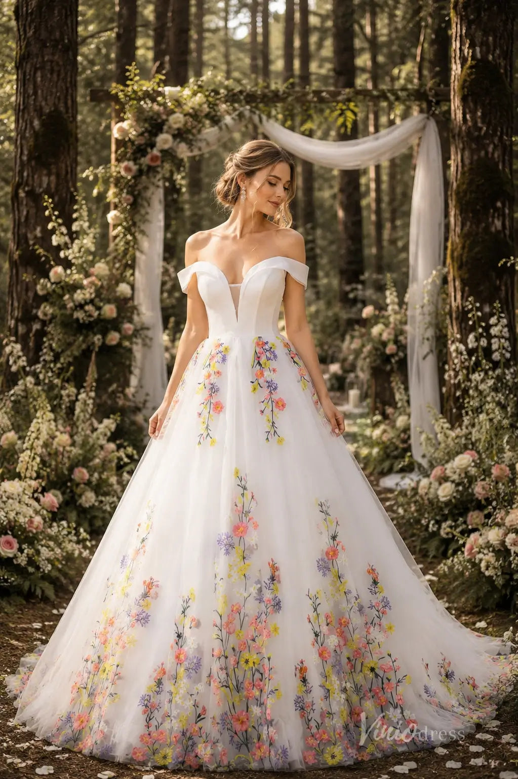 Ivory Off-Shoulder Ball Gown Wedding Dress with Colorful Floral Embroidery & Plunging Sweetheart Neckline – FW285-wedding dresses 2026-Viniodress-Ivory-Custom Size – Add Measurements in Cart-