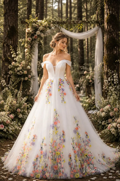 Ivory Off-Shoulder Ball Gown Wedding Dress with Colorful Floral Embroidery & Plunging Sweetheart Neckline – FW285-wedding dresses 2026-Viniodress-Ivory-Custom Size – Add Measurements in Cart-