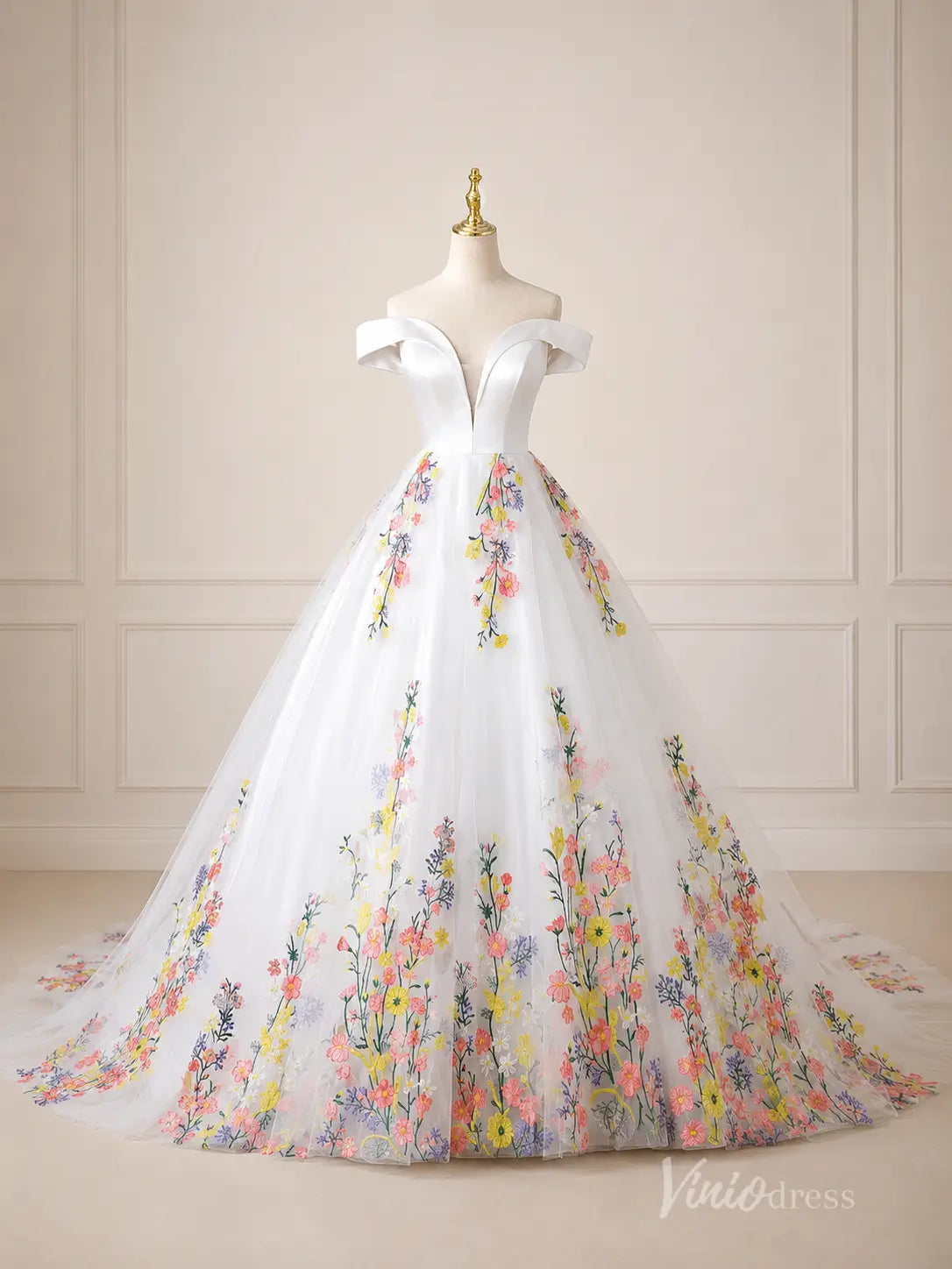 Ivory Off-Shoulder Ball Gown Wedding Dress with Colorful Floral Embroidery & Plunging Sweetheart Neckline – FW285-wedding dresses 2026-Viniodress-Ivory-Custom Size – Add Measurements in Cart-