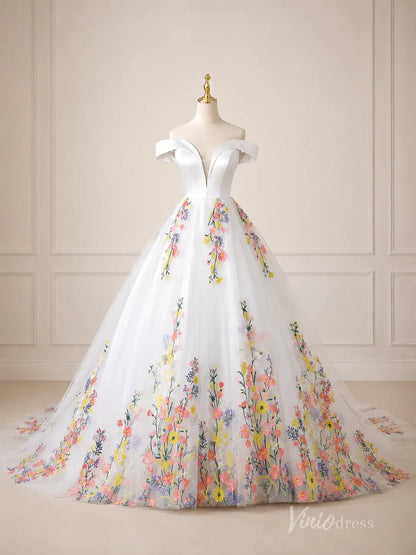 Ivory Off-Shoulder Ball Gown Wedding Dress with Colorful Floral Embroidery & Plunging Sweetheart Neckline – FW285-wedding dresses 2026-Viniodress-Ivory-Custom Size – Add Measurements in Cart-