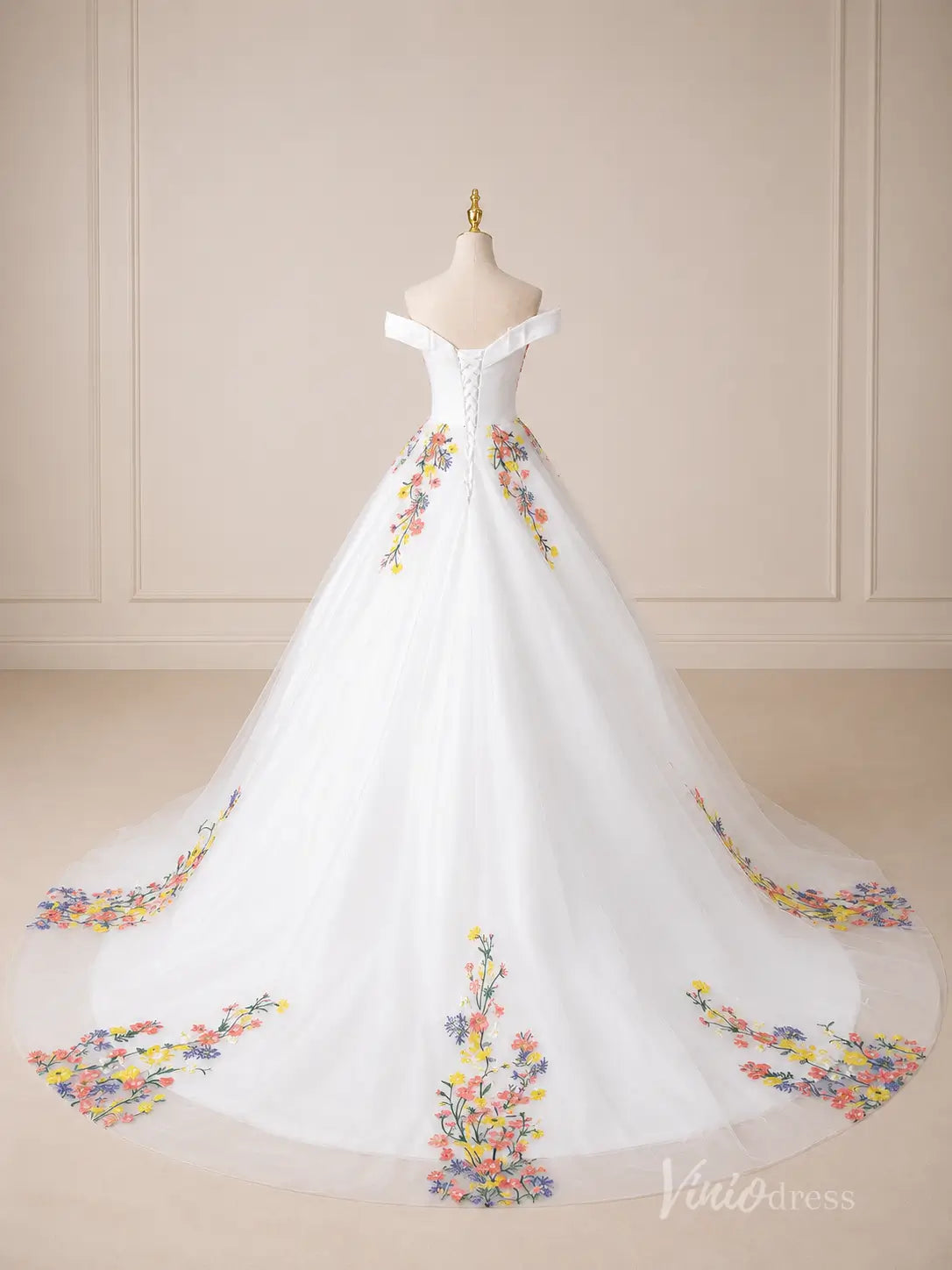 Ivory Off-Shoulder Ball Gown Wedding Dress with Colorful Floral Embroidery & Plunging Sweetheart Neckline – FW285-wedding dresses 2026-Viniodress-Ivory-Custom Size – Add Measurements in Cart-