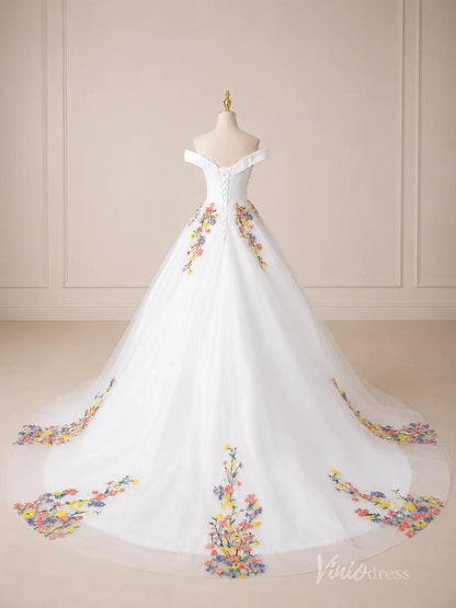 Ivory Off-Shoulder Ball Gown Wedding Dress with Colorful Floral Embroidery & Plunging Sweetheart Neckline – FW285-wedding dresses 2026-Viniodress-Ivory-Custom Size – Add Measurements in Cart-