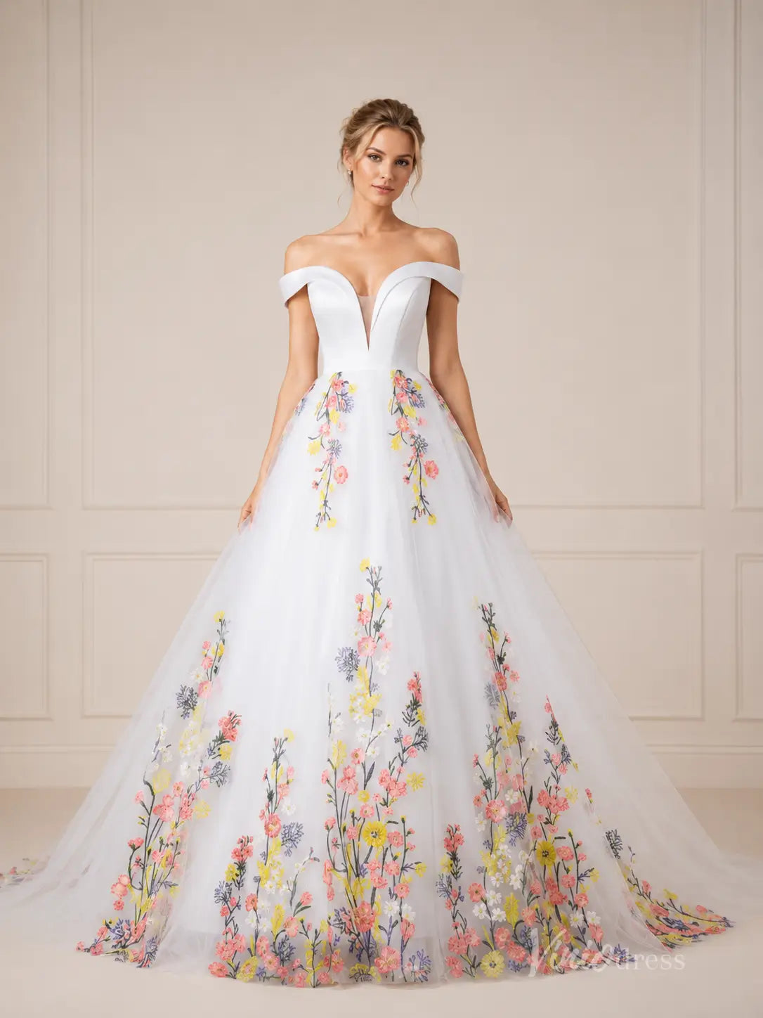Ivory Off-Shoulder Ball Gown Wedding Dress with Colorful Floral Embroidery & Plunging Sweetheart Neckline – FW285-wedding dresses 2026-Viniodress-Ivory-Custom Size – Add Measurements in Cart-