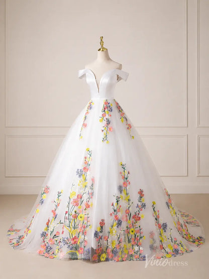 Ivory Off-Shoulder Ball Gown Wedding Dress with Colorful Floral Embroidery & Plunging Sweetheart Neckline – FW285-wedding dresses 2026-Viniodress-Ivory-Custom Size – Add Measurements in Cart-