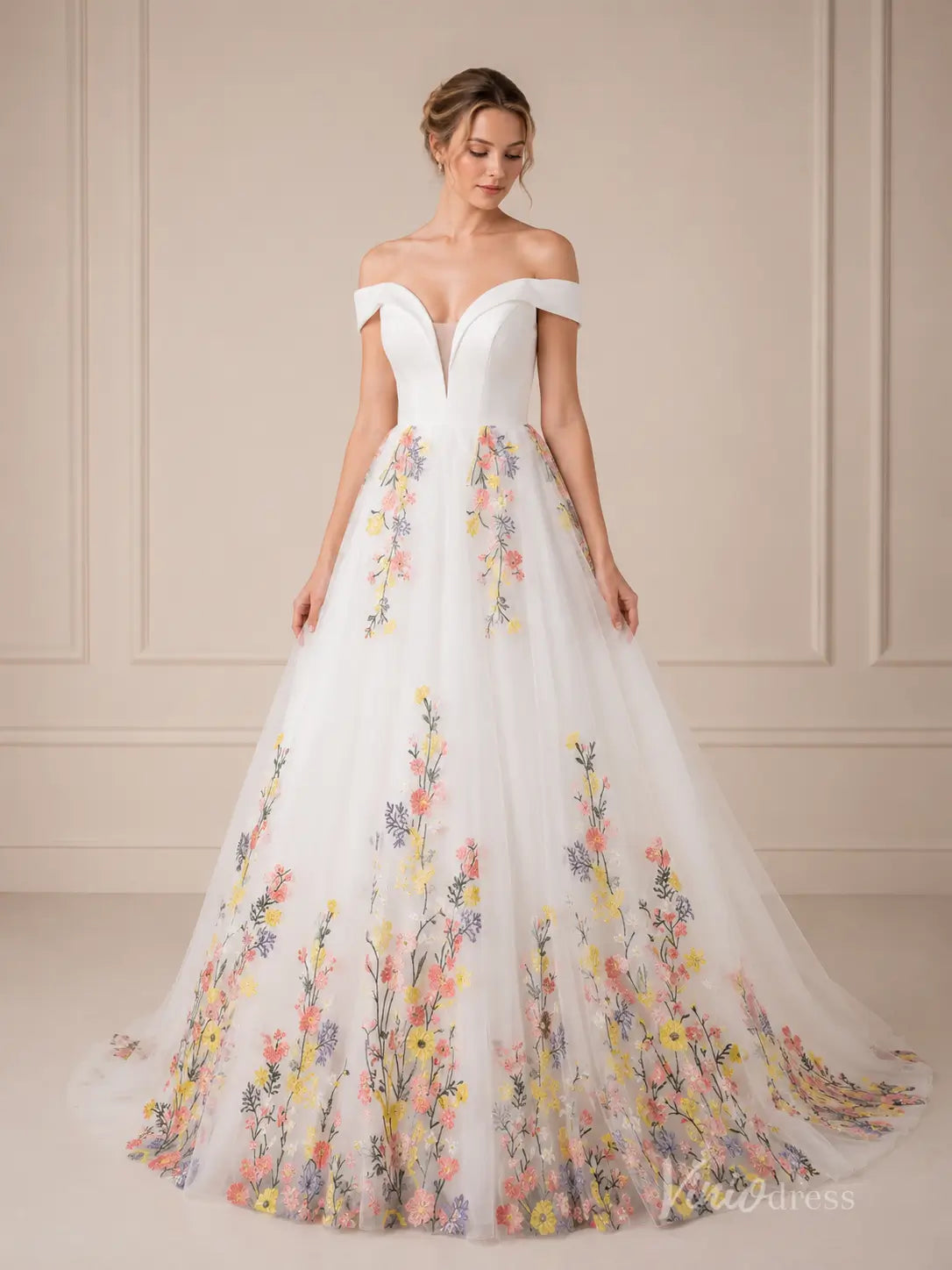 Ivory Off-Shoulder Ball Gown Wedding Dress with Colorful Floral Embroidery & Plunging Sweetheart Neckline – FW285-wedding dresses 2026-Viniodress-Ivory-Custom Size – Add Measurements in Cart-