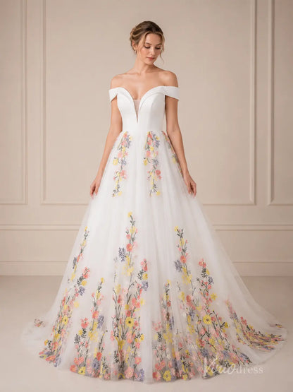 Ivory Off-Shoulder Ball Gown Wedding Dress with Colorful Floral Embroidery & Plunging Sweetheart Neckline – FW285-wedding dresses 2026-Viniodress-Ivory-Custom Size – Add Measurements in Cart-