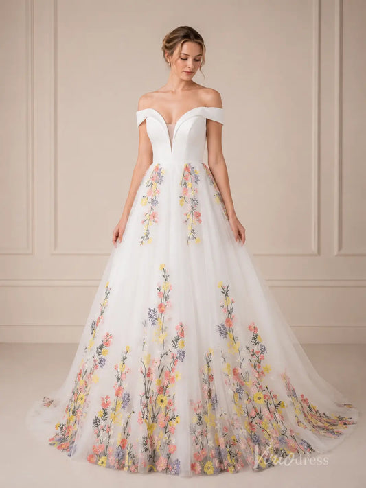 Ivory Off-Shoulder Ball Gown Wedding Dress with Colorful Floral Embroidery & Plunging Sweetheart Neckline – FW285-wedding dresses 2026-Viniodress-Ivory-Custom Size – Add Measurements in Cart-