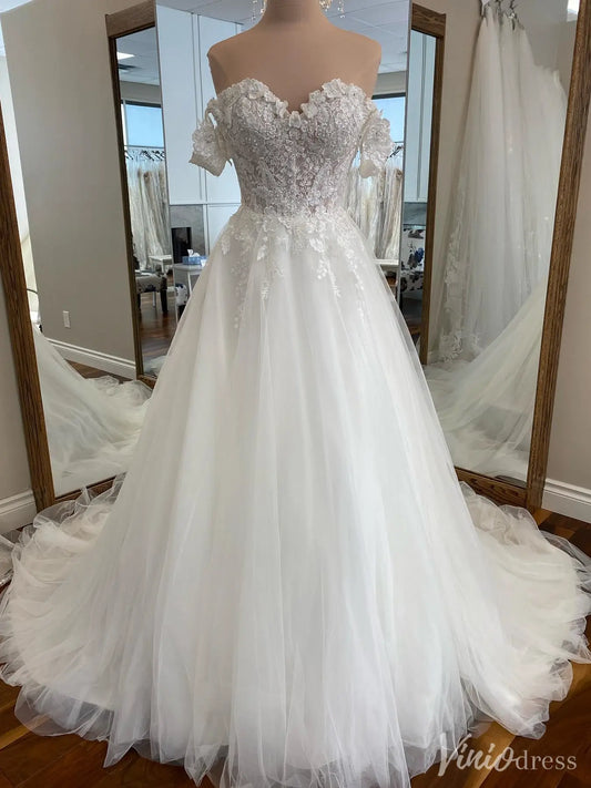 Ivory Off-Shoulder Lace Appliqué Wedding Dress with Sweetheart Neckline, Tulle Chapel Train – LA130-wedding dresses 2025 -Viniodress-Ivory-Custom Size-