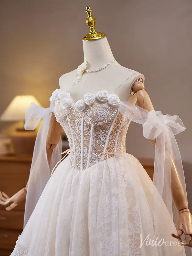 Ivory Off-Shoulder Lace Homecoming Dress with 3D Roses and Corset Back – BJ078-prom dresses 2025 -Viniodress-Ivory-Custom Size-
