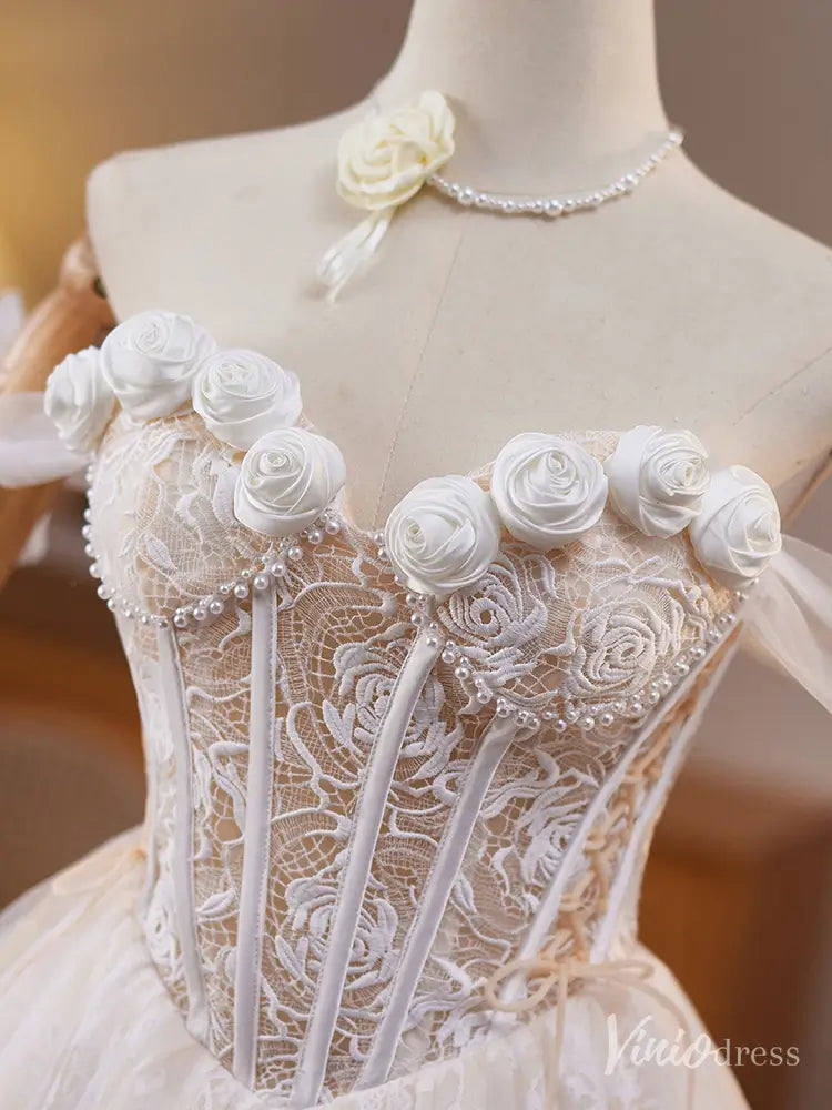 Ivory Off-Shoulder Lace Homecoming Dress with 3D Roses and Corset Back – BJ078-prom dresses 2025 -Viniodress-Ivory-Custom Size-