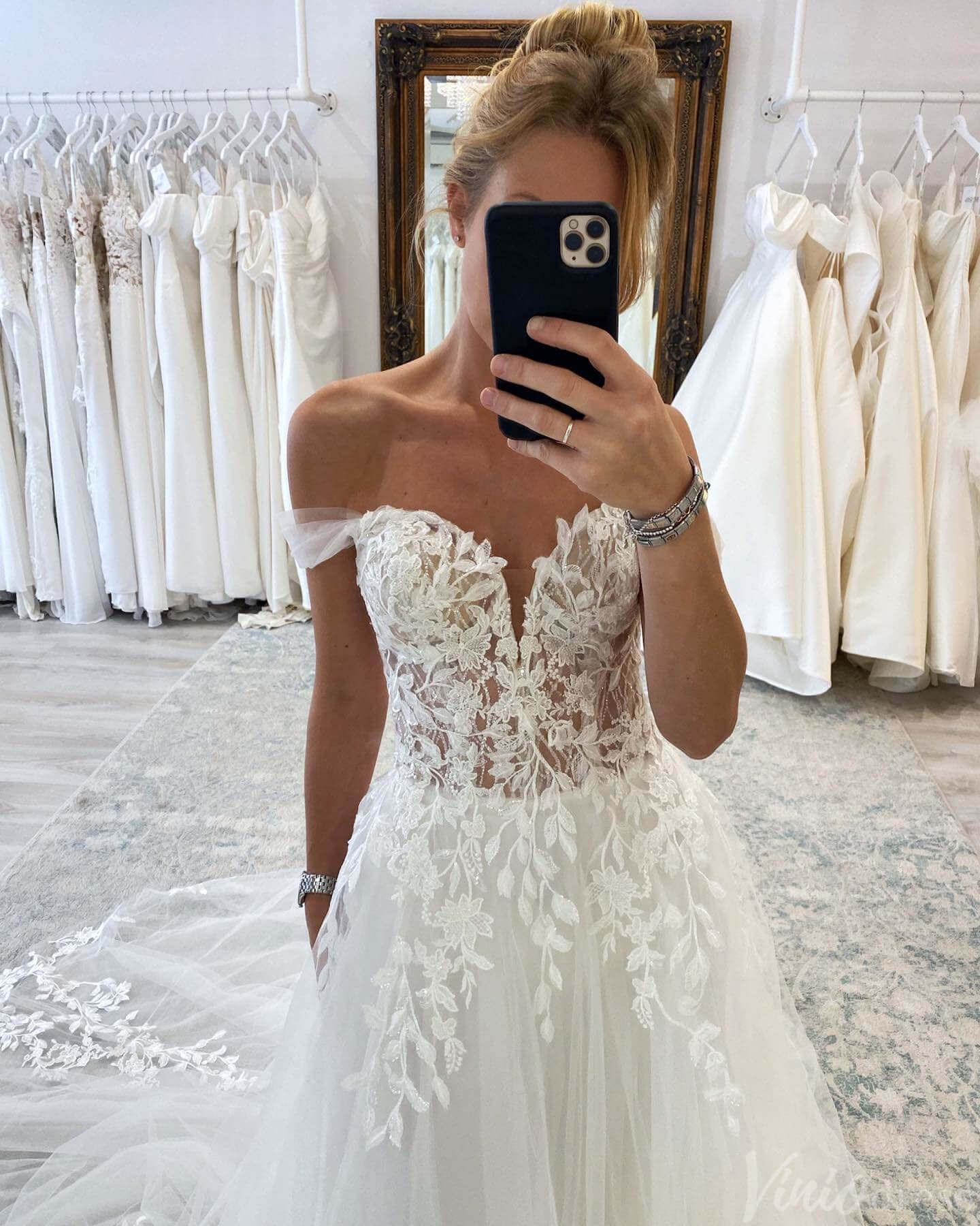 Ivory Off the Shoulder Lace Applique Wedding Dresses Sweetheart Bridal Gown AW1016-wedding dresses 2025 -Viniodress-Ivory-Custom Size-