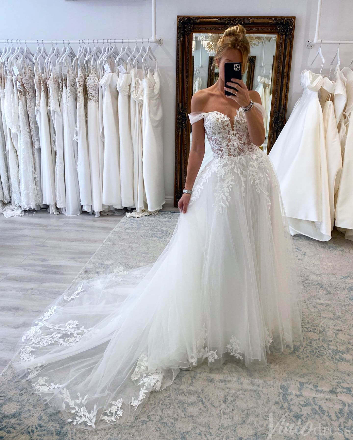 Ivory Off the Shoulder Lace Applique Wedding Dresses Sweetheart Bridal Gown AW1016-wedding dresses 2025 -Viniodress-Ivory-Custom Size-
