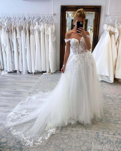 Ivory Off the Shoulder Lace Applique Wedding Dresses Sweetheart Bridal Gown AW1016-wedding dresses 2025 -Viniodress-Ivory-Custom Size-