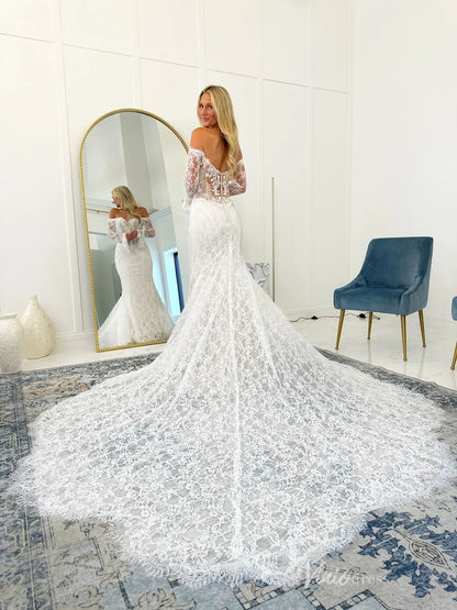 Ivory Off-The-Shoulder Lace Mermaid Wedding Dress with Sheer Bodice, Long Lace Sleeves & Chapel Lace Train – ML162