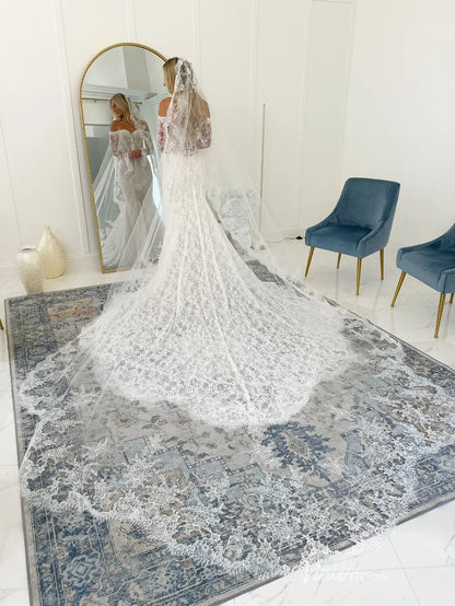 Ivory Off-The-Shoulder Lace Mermaid Wedding Dress with Sheer Bodice, Long Lace Sleeves & Chapel Lace Train – ML162