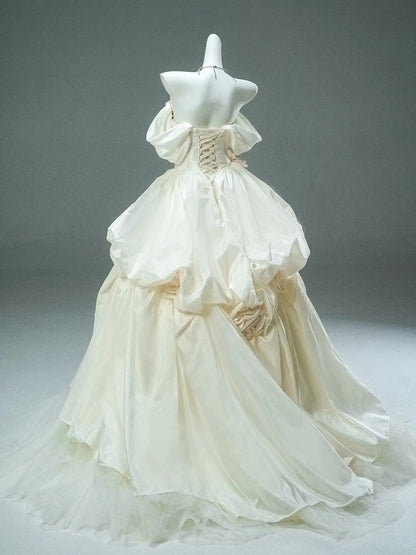 Ivory Off the Shoulder Satin Formal Gown with 3D Flower & Tiered Bottom - CQ0120-Couture Gown 2025 -Viniodress-Ivory-Custom Size-