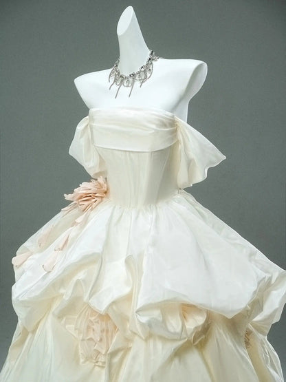 Ivory Off the Shoulder Satin Formal Gown with 3D Flower & Tiered Bottom - CQ0120-Couture Gown 2025 -Viniodress-Ivory-Custom Size-