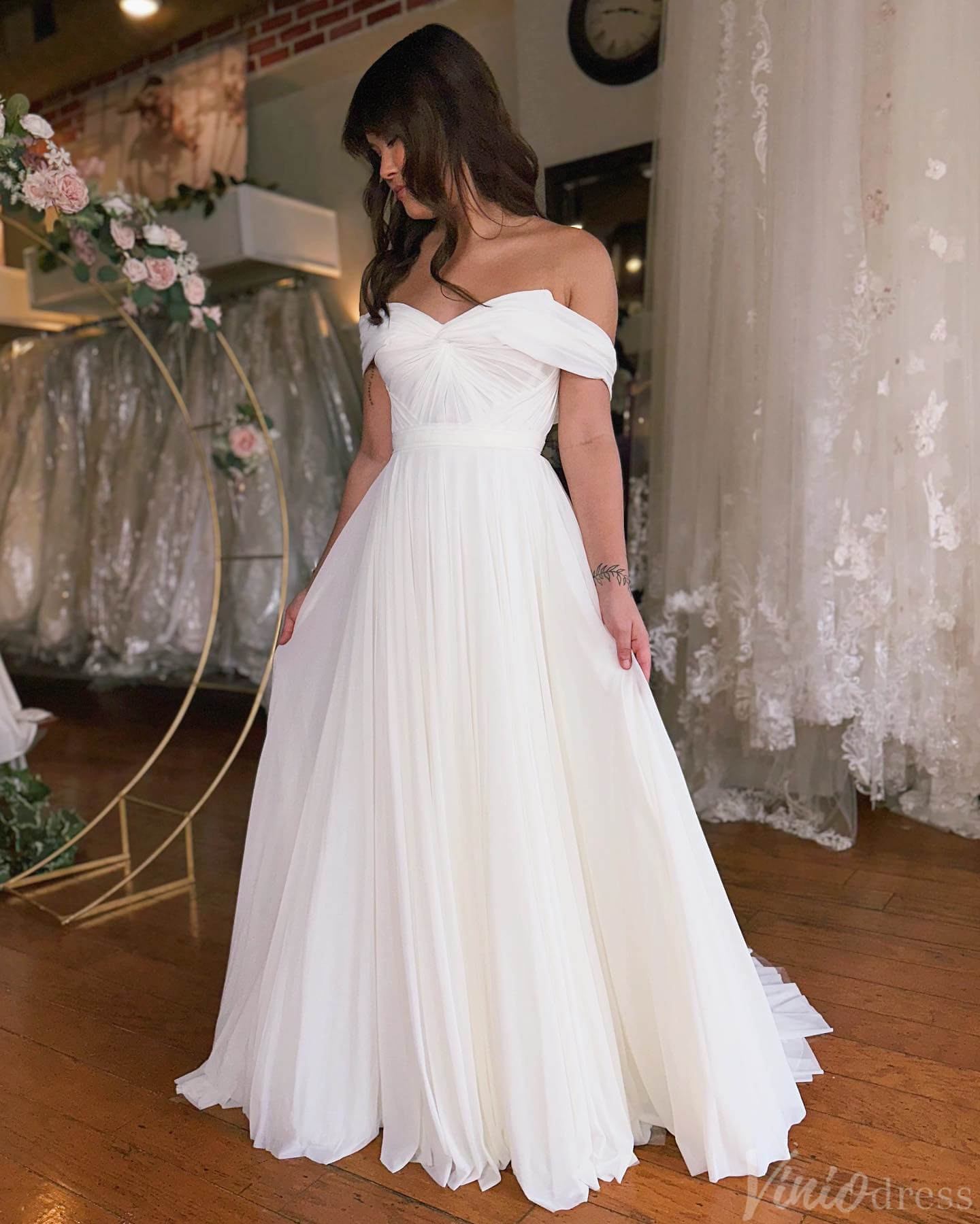 Ivory Off the Shoulder Wedding Dresses Chiffon Country Bridal Gown VW2220-wedding dresses 2025 -Viniodress-Ivory-Custom Size-