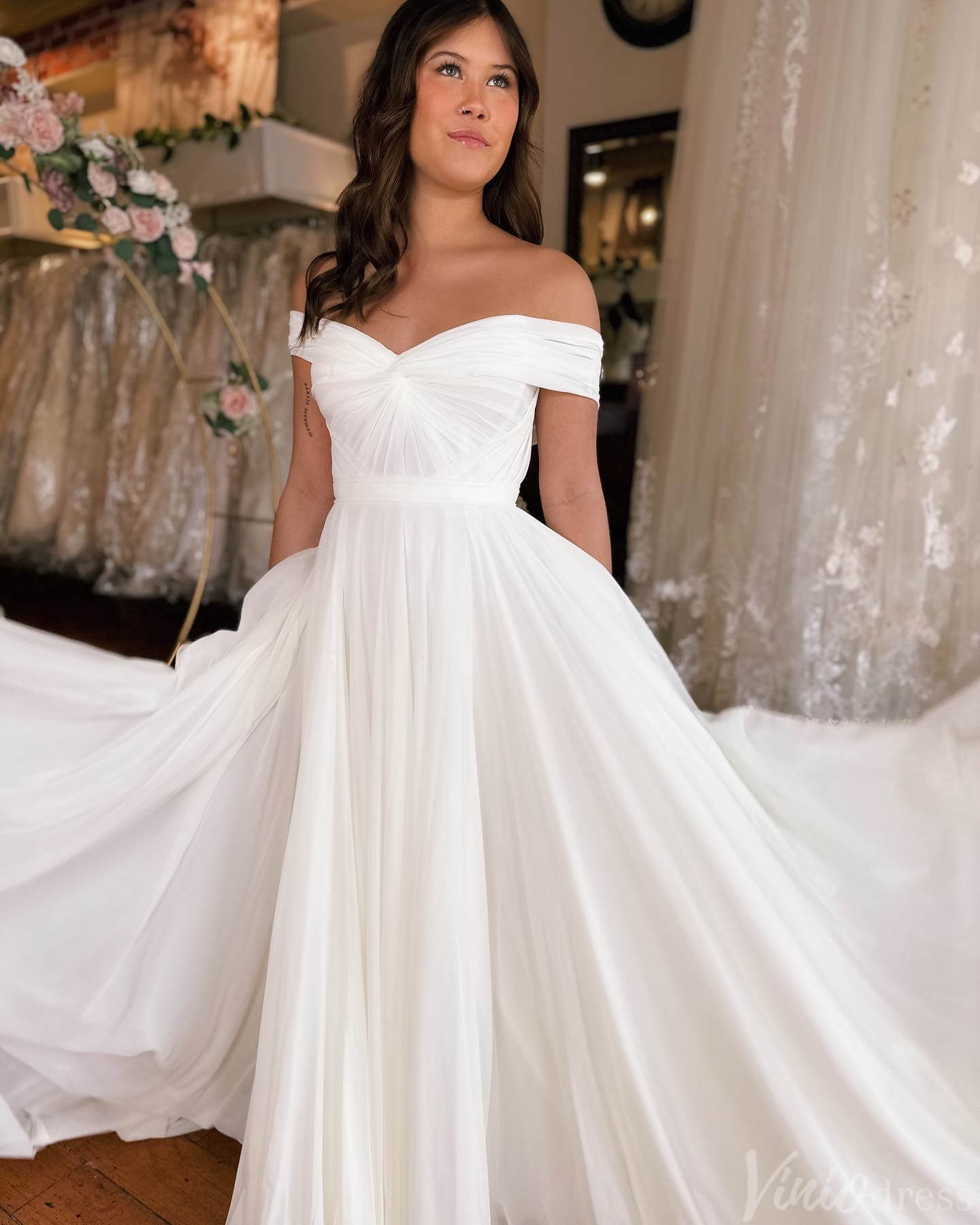 Ivory Off the Shoulder Wedding Dresses Chiffon Country Bridal Gown VW2220-wedding dresses 2025 -Viniodress-Ivory-Custom Size-