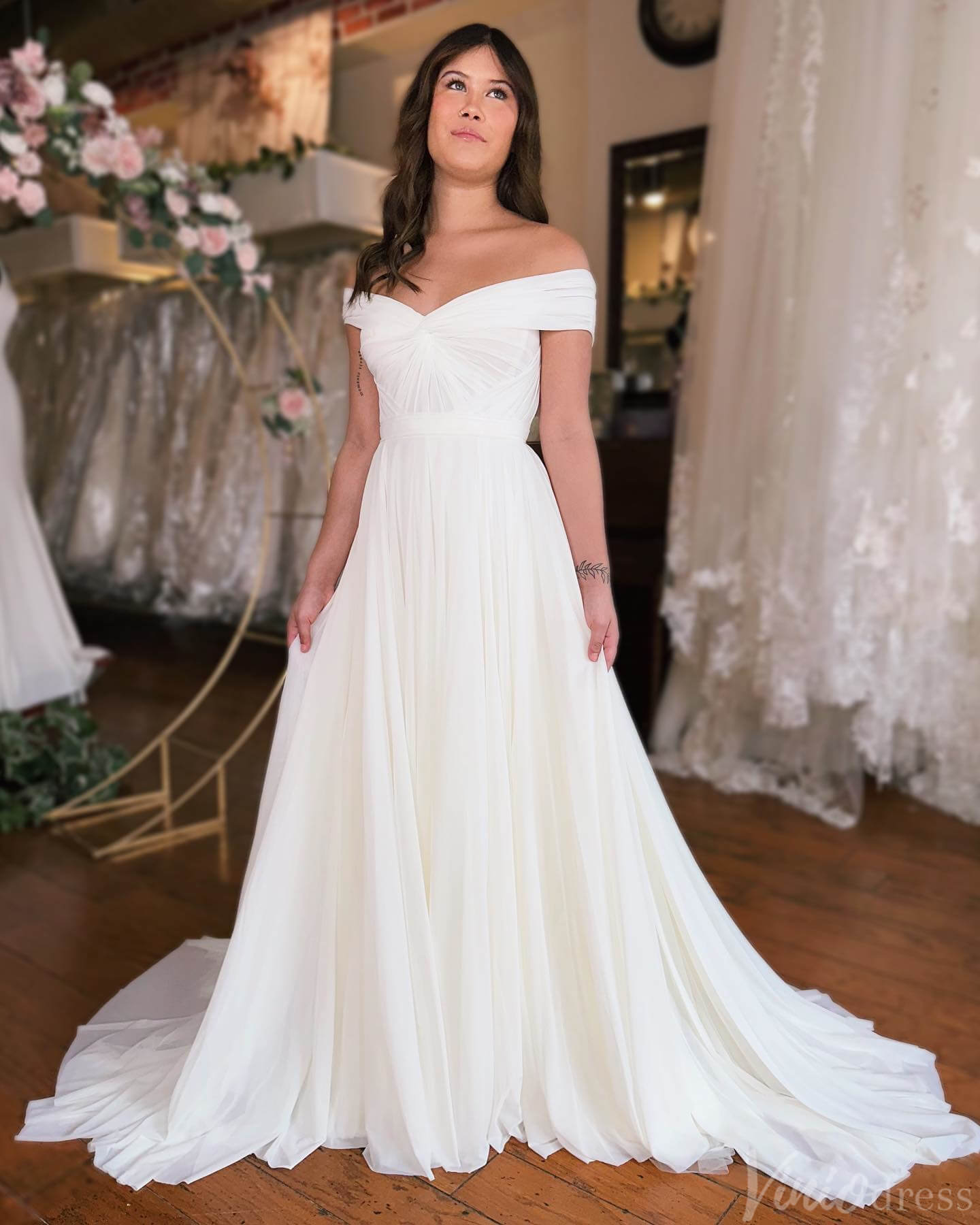 Ivory Off the Shoulder Wedding Dresses Chiffon Country Bridal Gown VW2220-wedding dresses-Viniodress