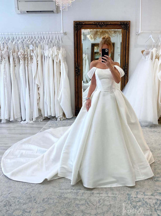 Ivory Off the Shoulder Wedding Dresses with Chapel Train Satin Bridal Gown AW1018-wedding dresses 2025 -Viniodress-Ivory-Custom Size-