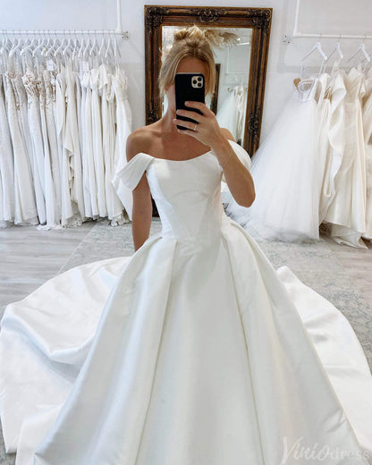 Ivory Off the Shoulder Wedding Dresses with Chapel Train Satin Bridal Gown AW1018-wedding dresses 2025 -Viniodress-Ivory-Custom Size-
