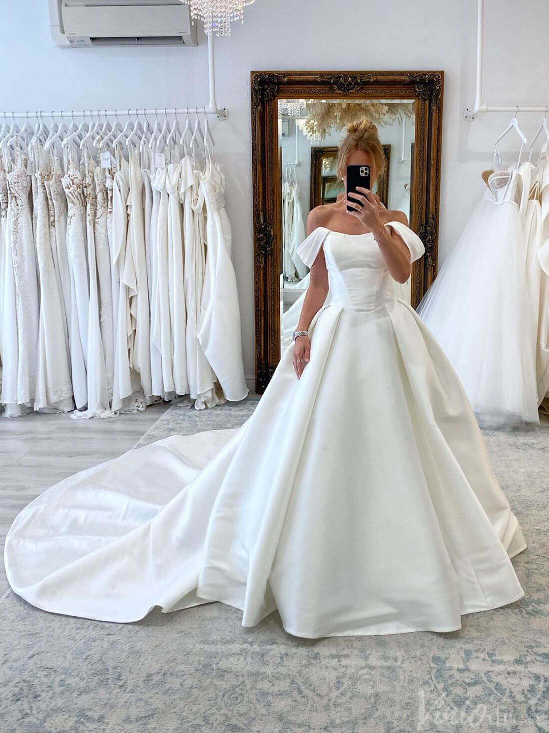 Ivory Off the Shoulder Wedding Dresses with Chapel Train Satin Bridal Gown AW1018 - Viniodresswedding dressesIvoryCustom Size - Formal Dresses - Ball Gowns